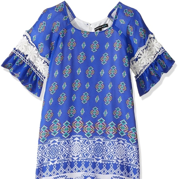My Michelle Girls Blue Shift Dress Crochet Bell Sleeve Size 7 16 - Picture 1 of 5